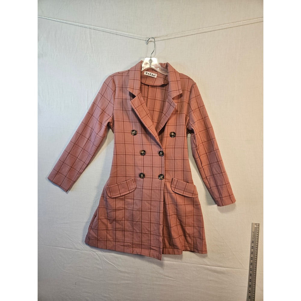 Feel Womens Pink Windowpane Plaid Double Breasted Blazer Dress Longline Jacket